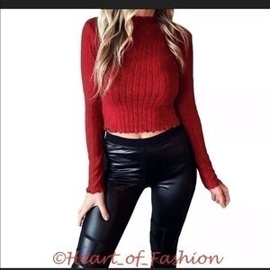 Mock Neck Lettuce Hem Cropped Ribbed Hacci Sweater